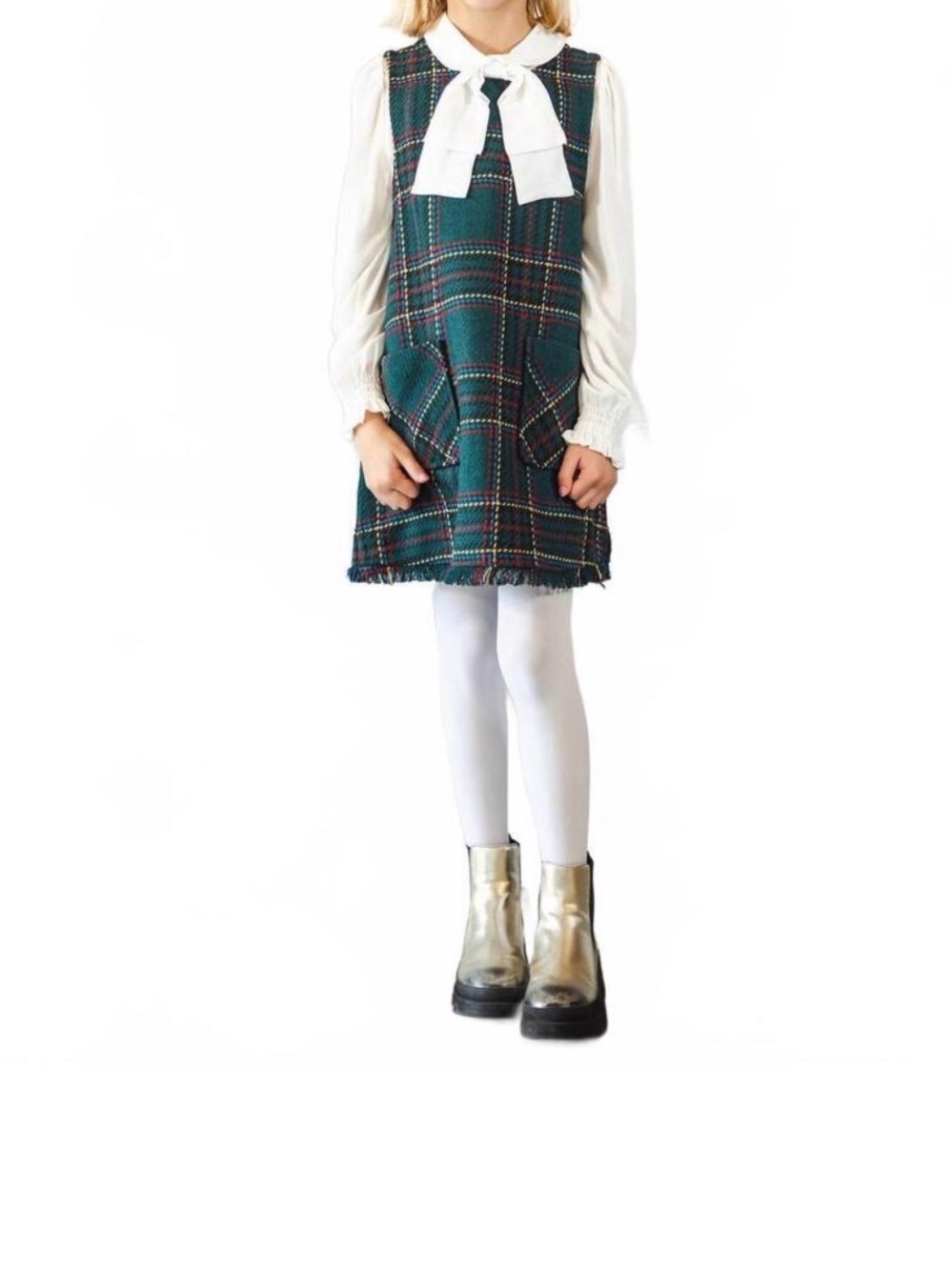 Abel and Lula Plaid Pinafore Dress with Bow Detail